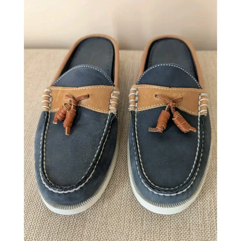 Talbots Women's Navy Tan Leather Nassau Slip On Loafers Mules Slides Size 9.5 N
